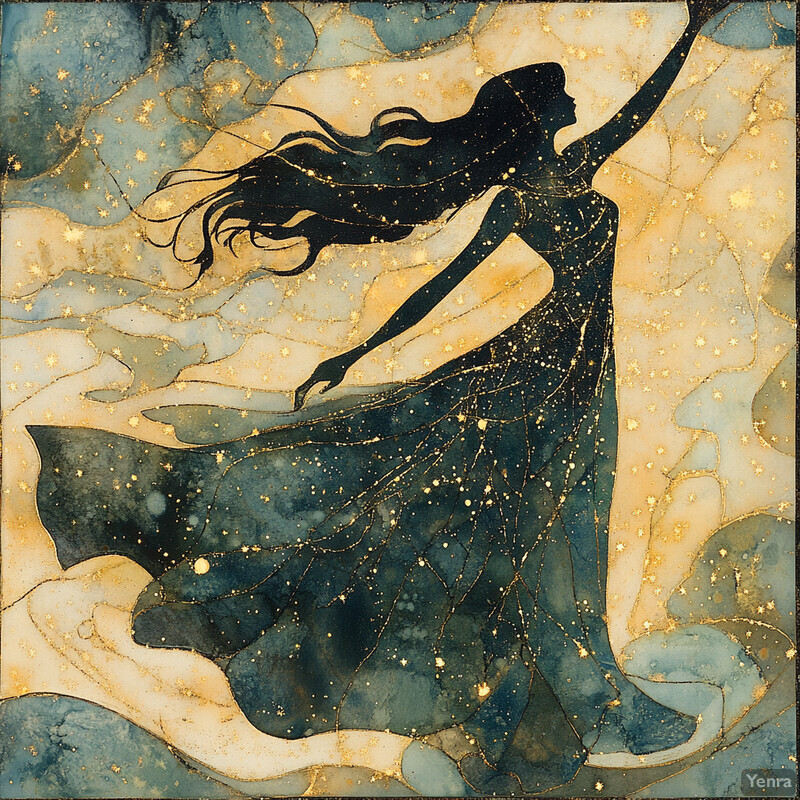 A silhouette of a woman in a flowing dress against a starry night sky