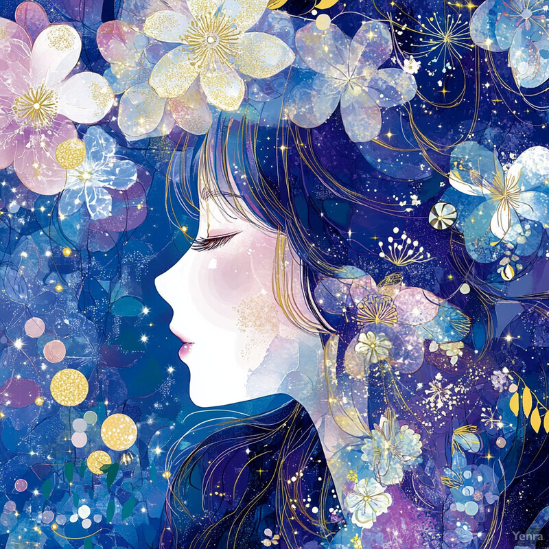 A serene illustration of a woman surrounded by celestial blooms, evoking peace and tranquility.