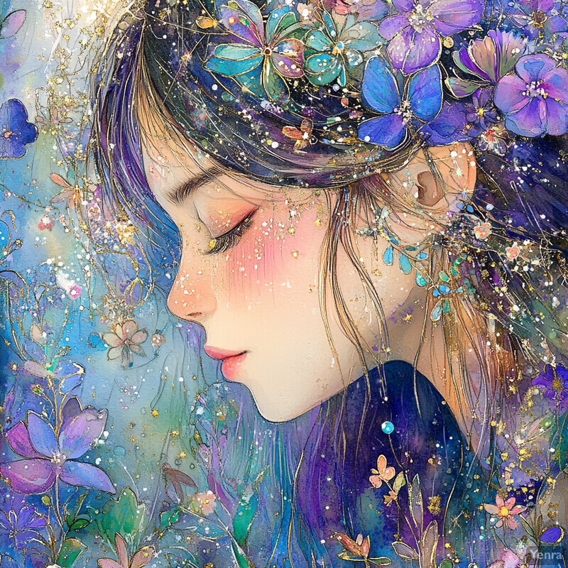 A woman with flowers and butterflies in her hair