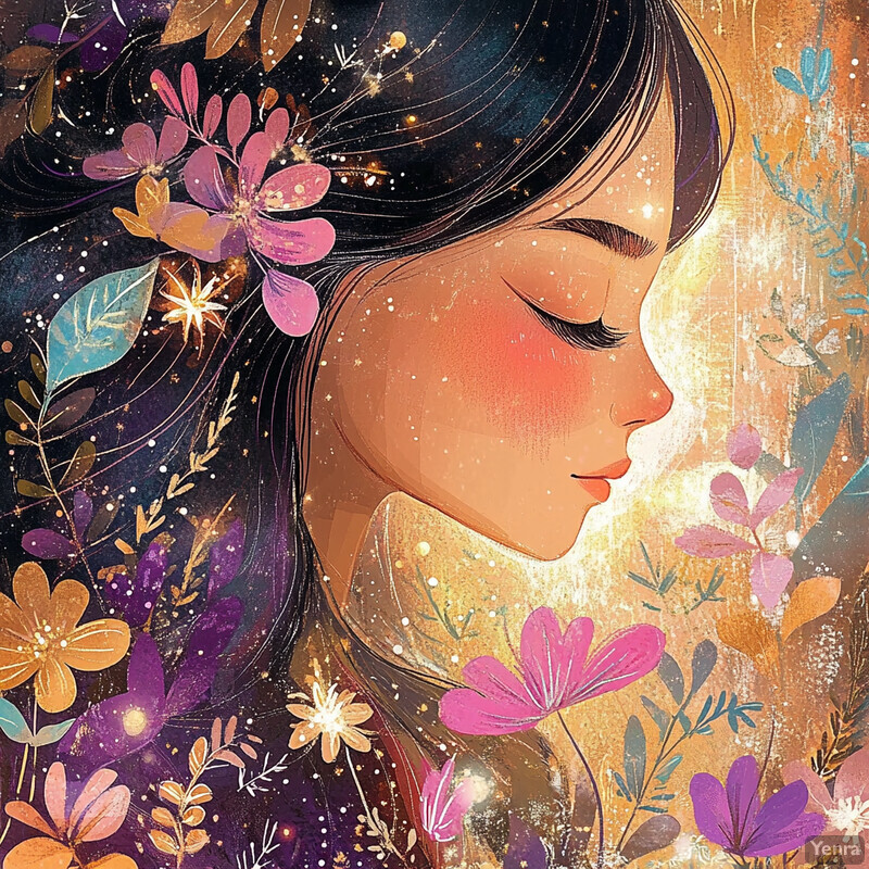 A serene and dreamy scene featuring a woman's face surrounded by flowers