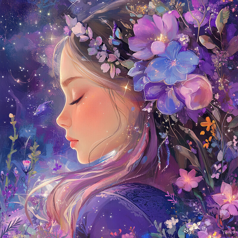 A serene and ethereal scene featuring a woman surrounded by celestial elements.