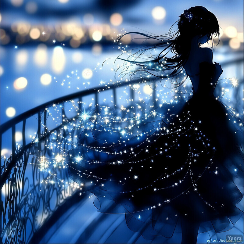 A digital artwork featuring a silhouette of a woman in a flowing dress against a cityscape backdrop at night.