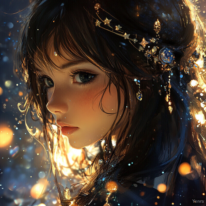 A captivating portrait of a young woman with an ethereal aura, reminiscent of a celestial dreamer.