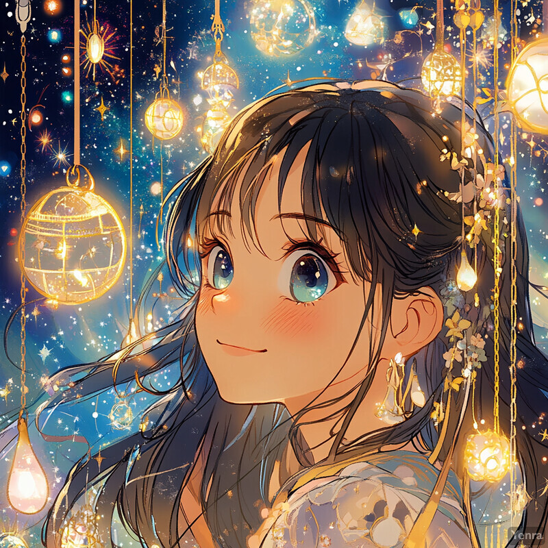 A young girl with long black hair and blue eyes gazes upwards towards the sky, surrounded by golden balls containing smaller lights.