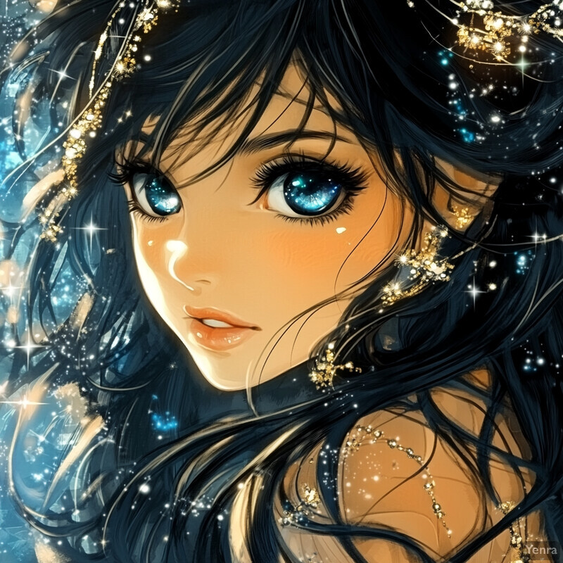 A serene and elegant illustration of a woman with long black hair and blue eyes, set against a dark background.