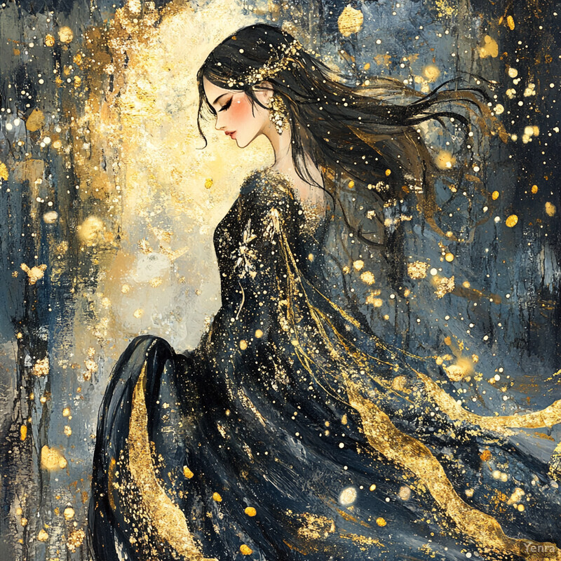 A serene and ethereal painting of an angelic woman in flowing robes surrounded by a halo of light.