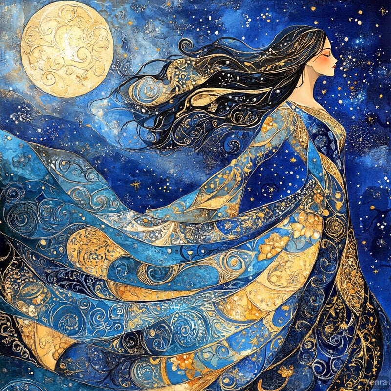 A serene depiction of a woman gazing at the full moon under a starry night sky.