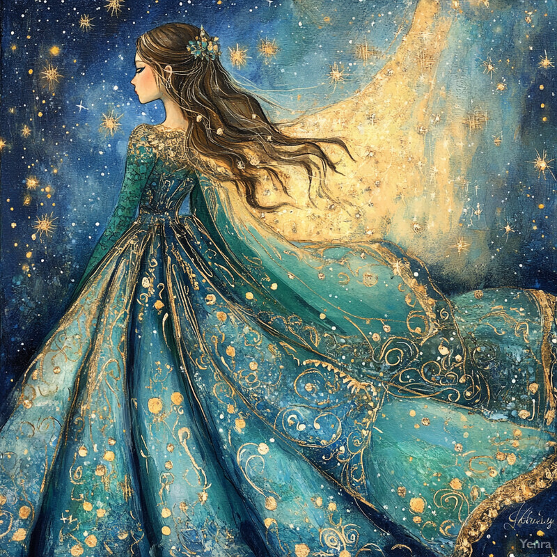 A woman in a teal dress stands confidently against a starry night sky, gazing into the distance with a subtle smile.