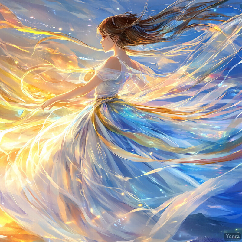 A serene and ethereal scene of a woman in a flowing white dress standing in front of a vibrant sunset.