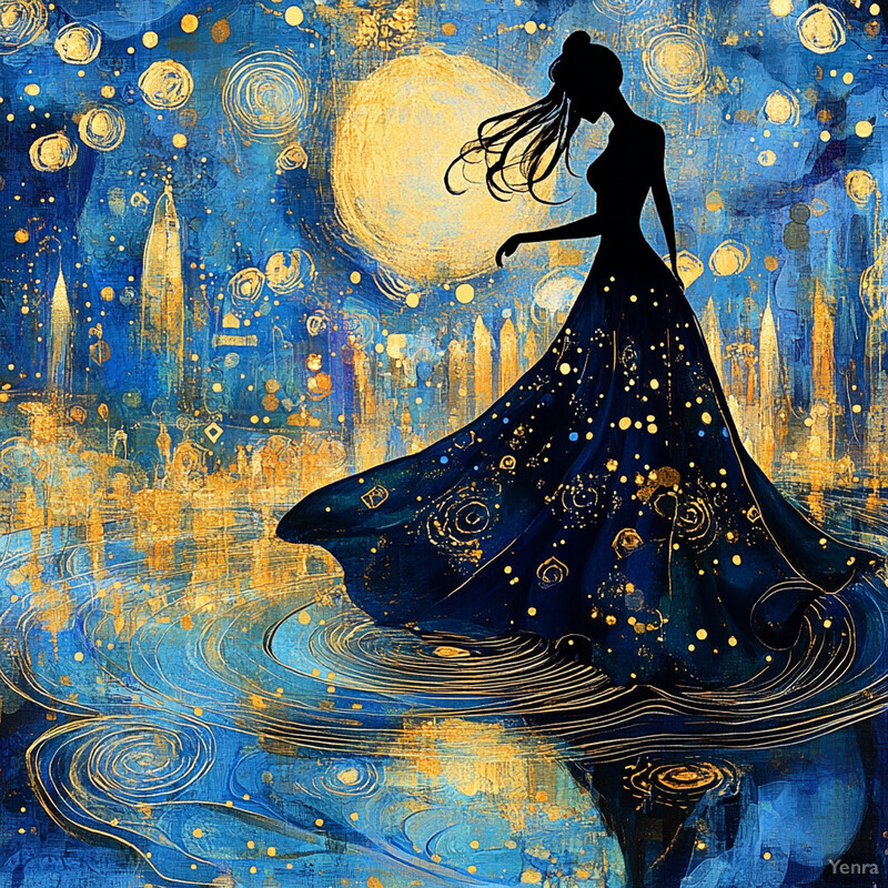 A woman in a flowing dress stands on water, gazing up at the sky with her hands clasped behind her back.