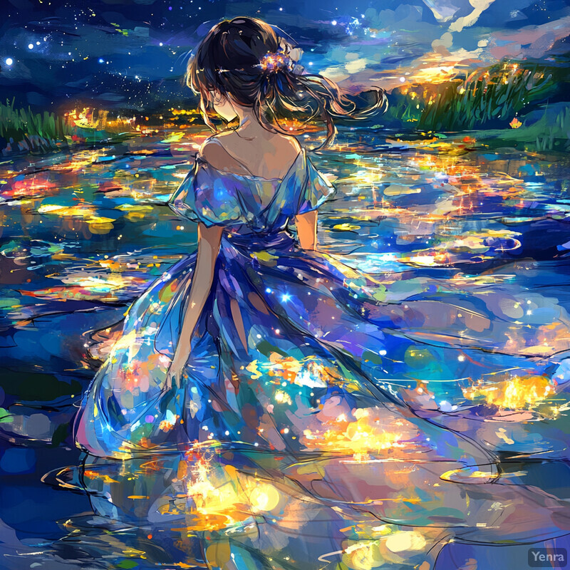 A serene anime-style illustration of a woman standing in water surrounded by vibrant colors and dynamic shapes.