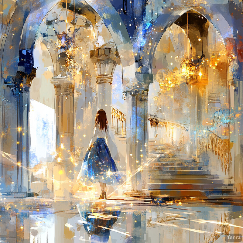 A woman stands in an ornate hallway surrounded by sparkling lights and glittering gold accents.