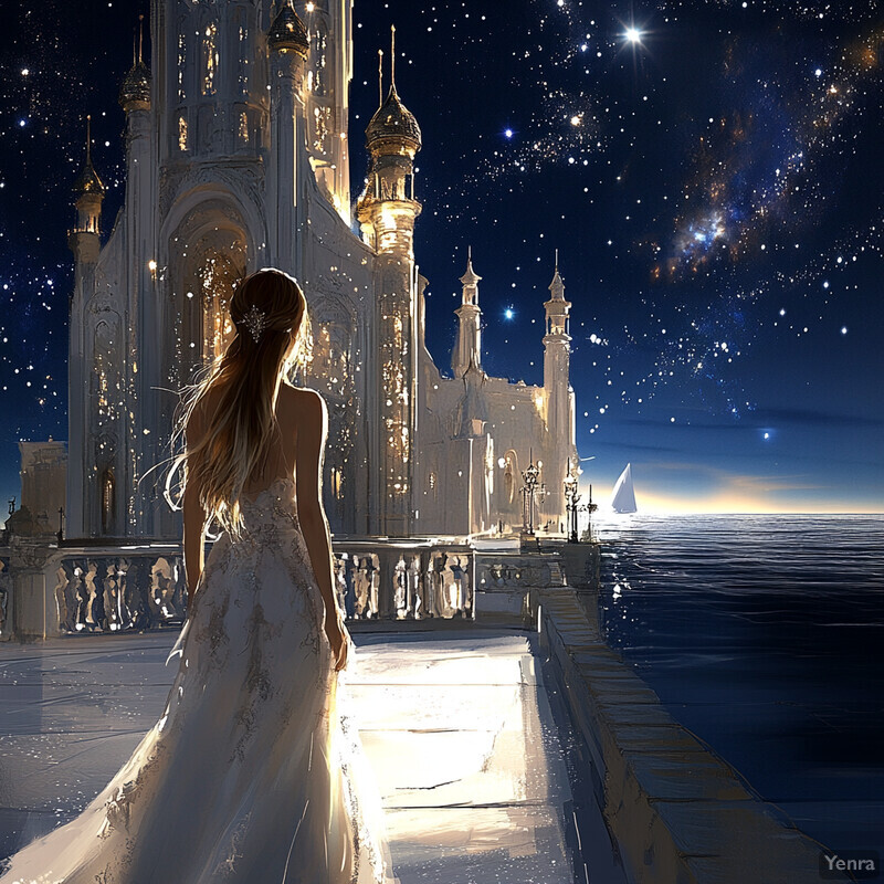 A woman in a white wedding dress stands on a stone pathway overlooking a body of water, gazing out at a majestic castle in the background.