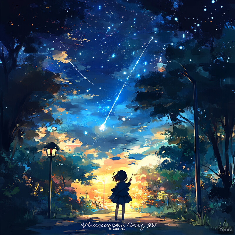 A young girl stands on a path in front of a forest, gazing up at a starry night sky with wonder and awe.