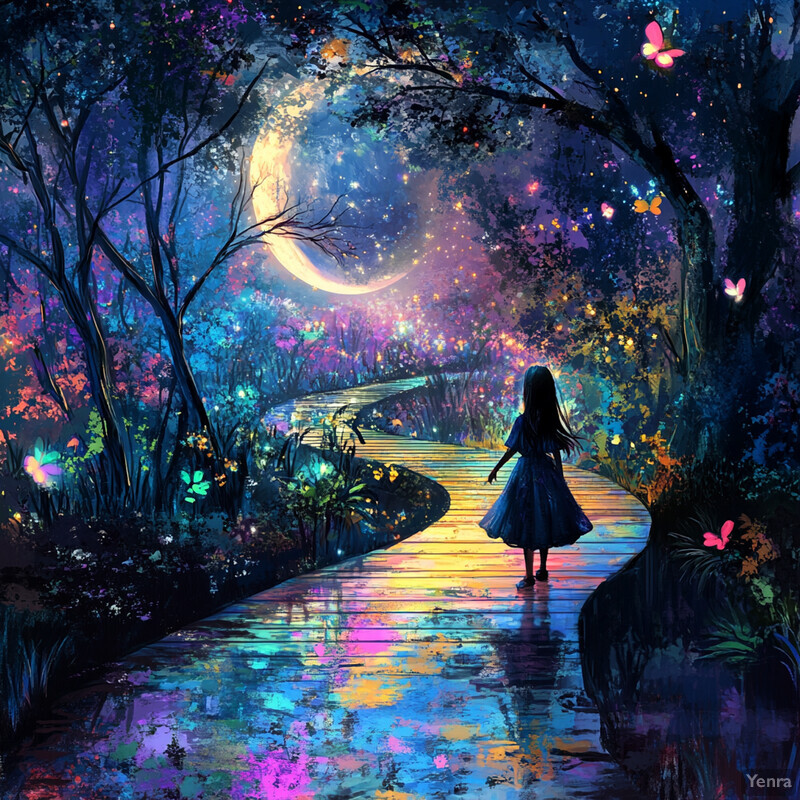 A young girl in a blue dress walks towards a large moon in the sky