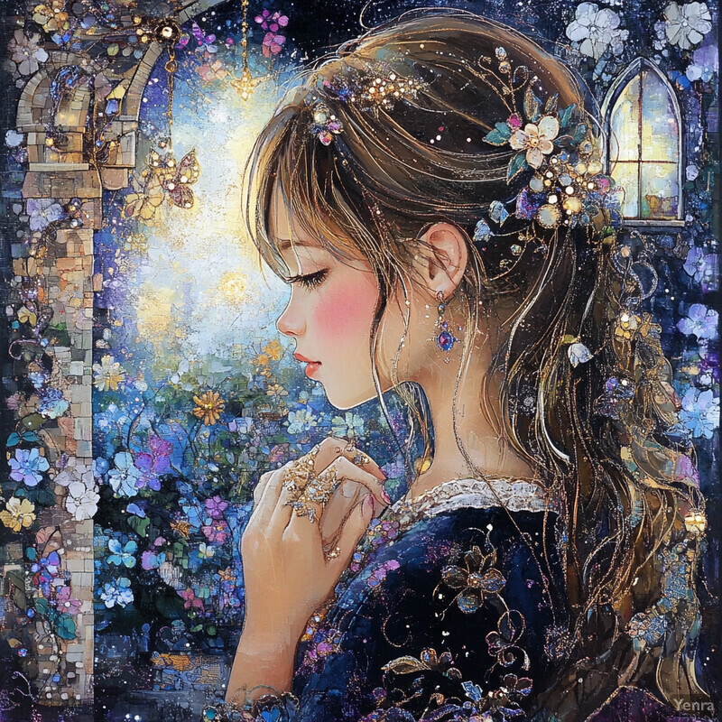 A serene painting of a woman surrounded by flowers and butterflies, with a warm light emanating from behind her.