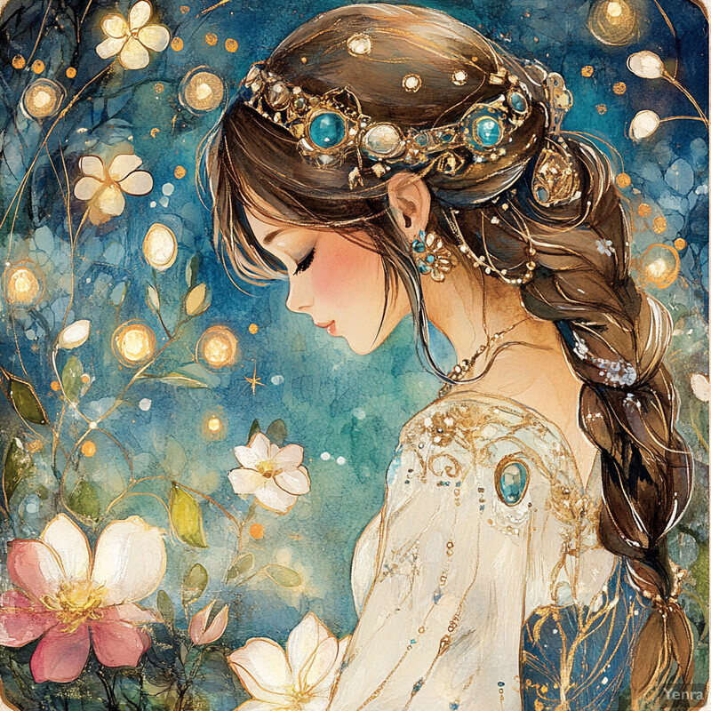 A serene and ethereal scene of a woman surrounded by delicate flowers and leaves against a soft blue and gold backdrop.