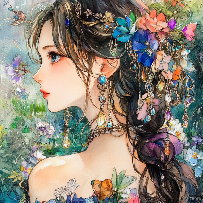 An elegant woman with long dark hair and vibrant floral accessories in a soft, ethereal setting