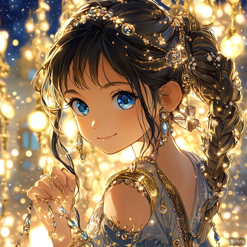 A young girl with long braided hair and sparkling jewels in a cityscape at night.