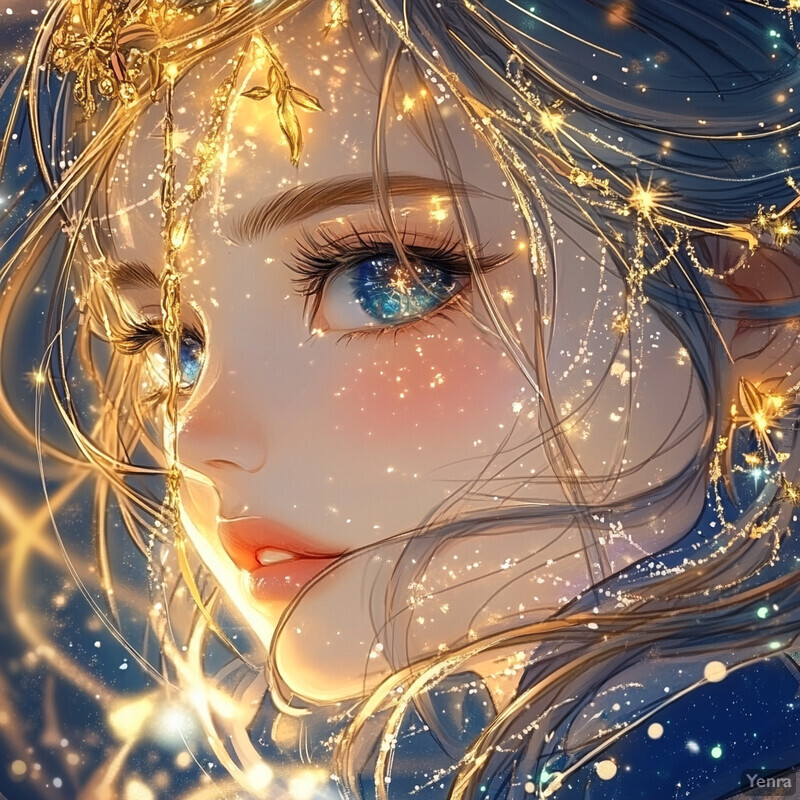 A captivating anime-style illustration of a woman's face with striking features and intricate details.