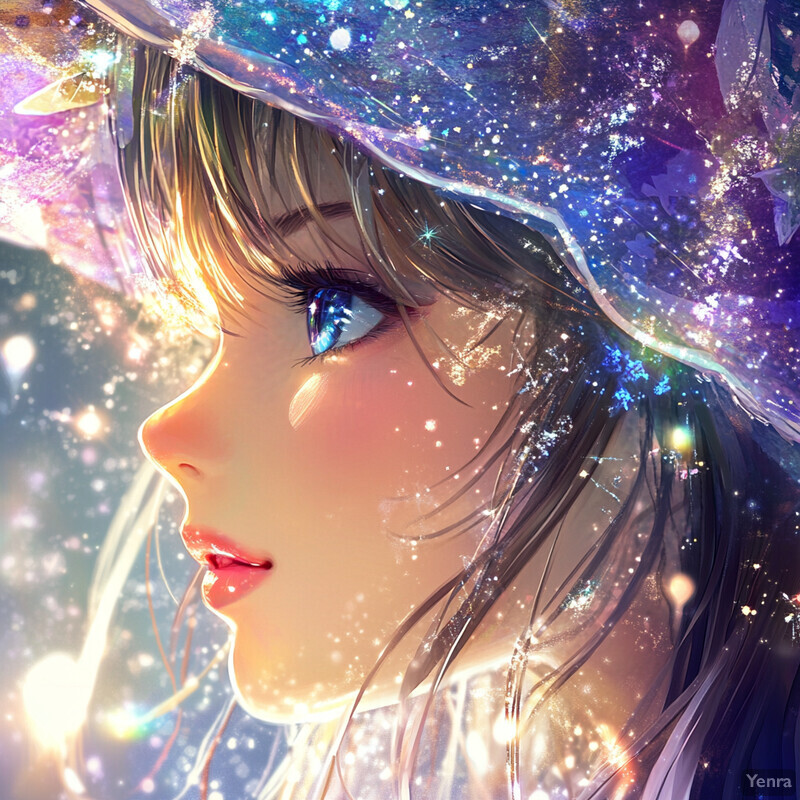 Digital artwork featuring a woman's face with galaxy-like hair and bangs