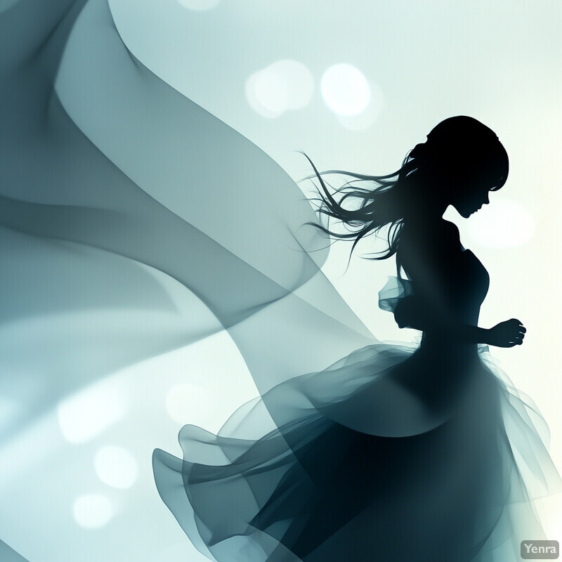 A silhouette of a woman in a flowing dress or skirt, dancing or twirling against a soft, gradient-like background.