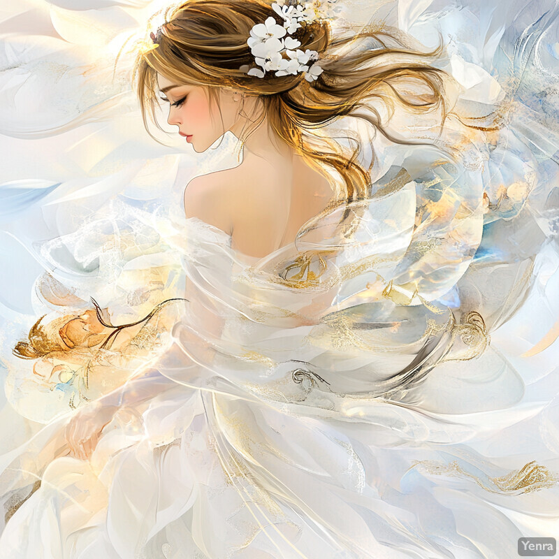 A serene and elegant portrait of a woman in a flowing white gown with gold accents