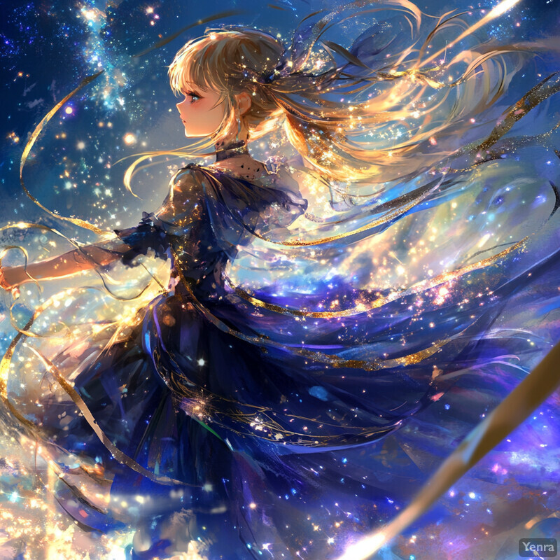 A young woman with long blonde hair and bangs stands amidst a swirling vortex of light and color in this anime-style illustration.