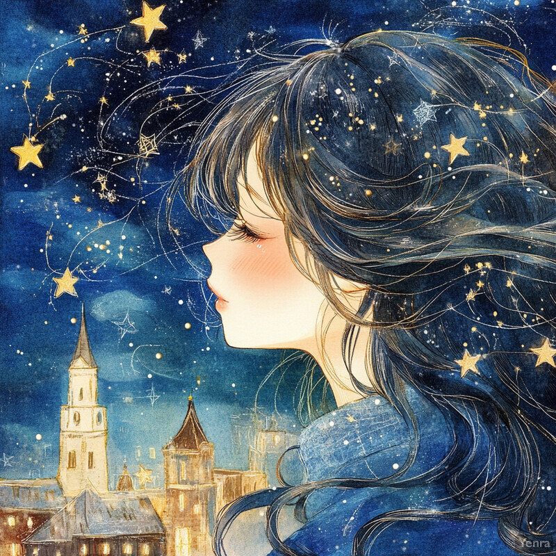 A serene and dreamy image of a woman gazing up at the night sky, surrounded by twinkling stars.