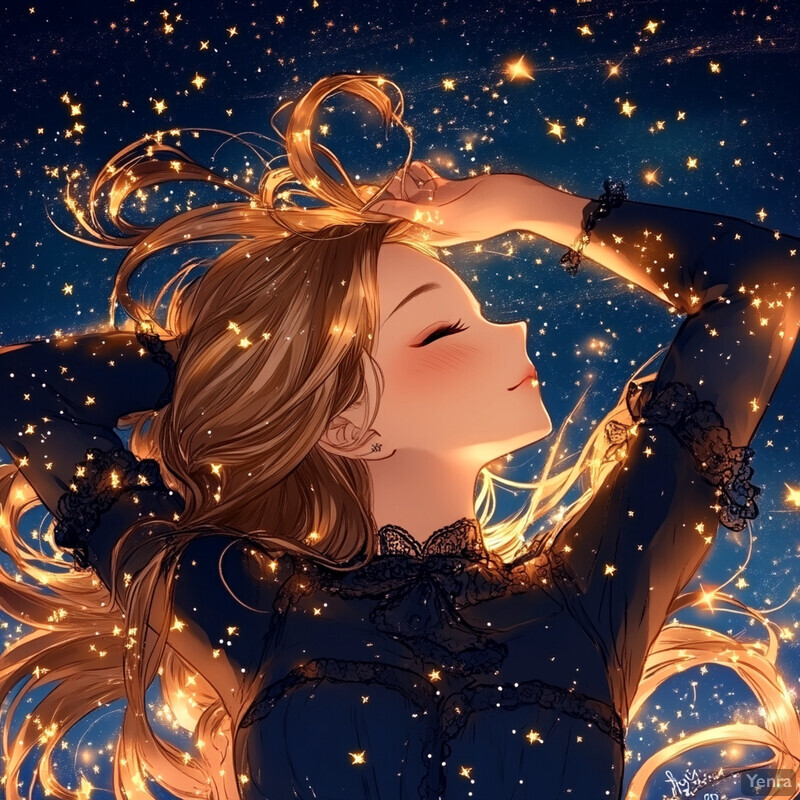 A young woman with long brown hair and a dark blue dress gazes up at the night sky, surrounded by stars.