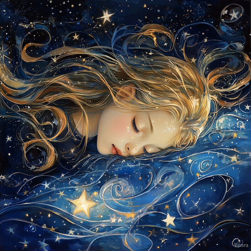 A serene painting of a woman sleeping peacefully on her back, surrounded by swirling clouds.