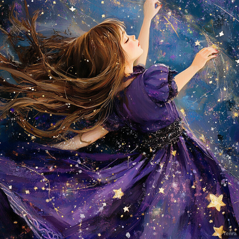 A woman in a purple dress surrounded by stars and constellations