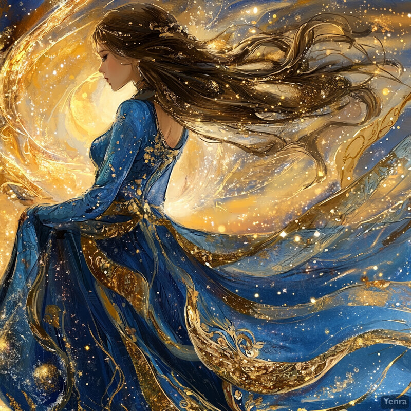 A captivating illustration featuring a woman in a blue dress with gold accents, set against a starry night sky background.