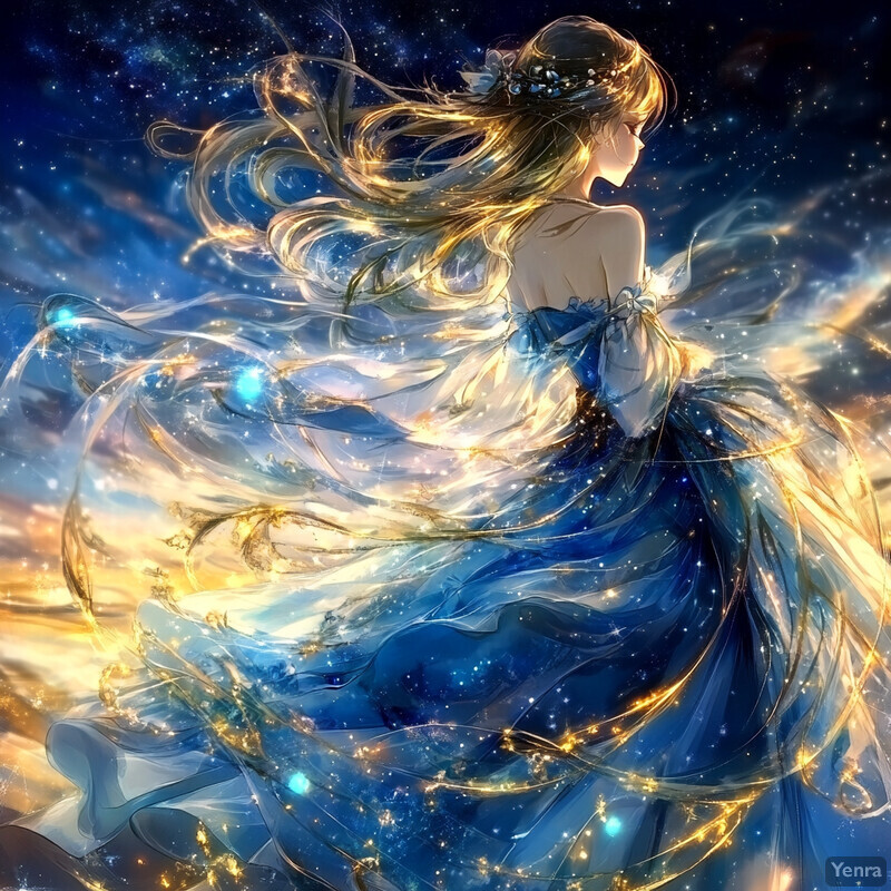 A woman in a flowing blue dress surrounded by a celestial backdrop.