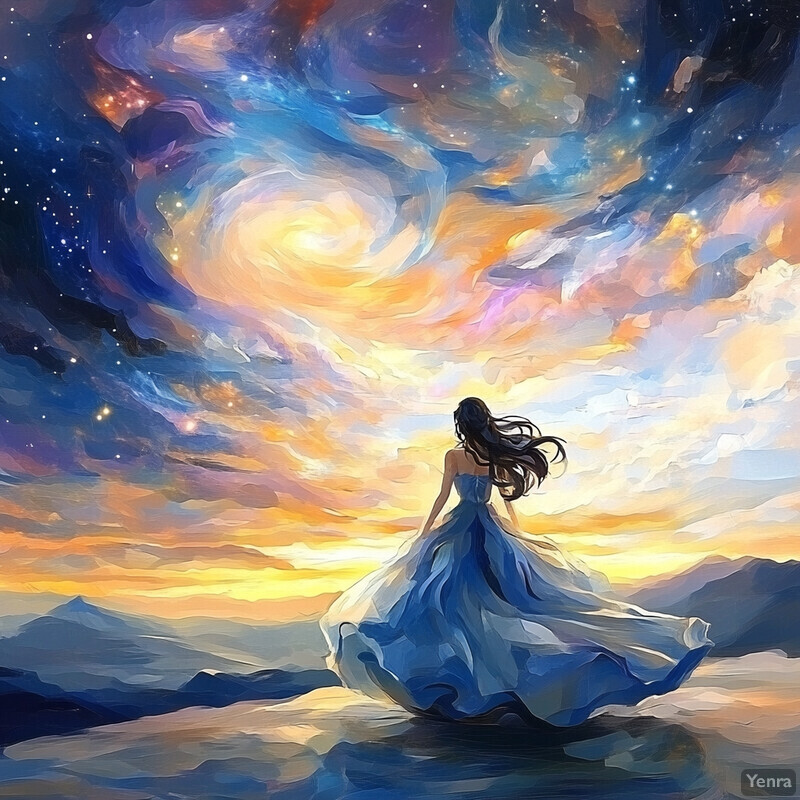 A woman stands on a hilltop, gazing out at a sunset, surrounded by swirling clouds and distant mountains.