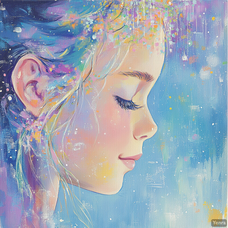 A serene portrait of a woman's face set against a celestial backdrop, exuding tranquility and introspection.