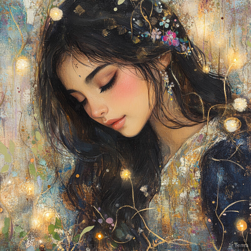 A serene and dreamy painting of a young girl surrounded by lush greenery.