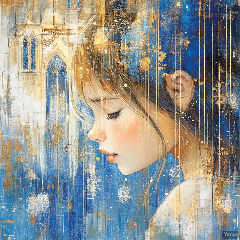 Abstract portrait of a woman with soft features and long hair in blue and gold hues.