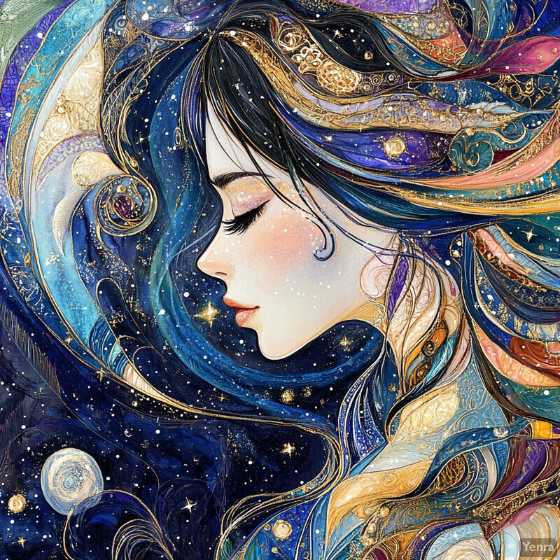 A serene and ethereal depiction of a woman with flowing hair adorned with celestial patterns, set against a dreamlike background.