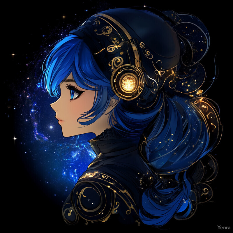 Anime-style illustration of a young woman with blue hair and headphones