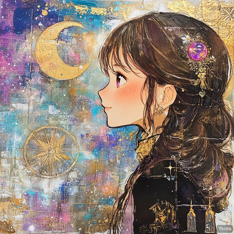 A young girl with long brown hair gazes upwards at a crescent moon in a vibrant, colorful background.