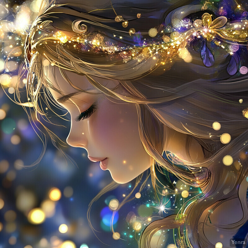 A serene and mystical portrait of a woman with long hair and closed eyes, surrounded by glowing orbs.