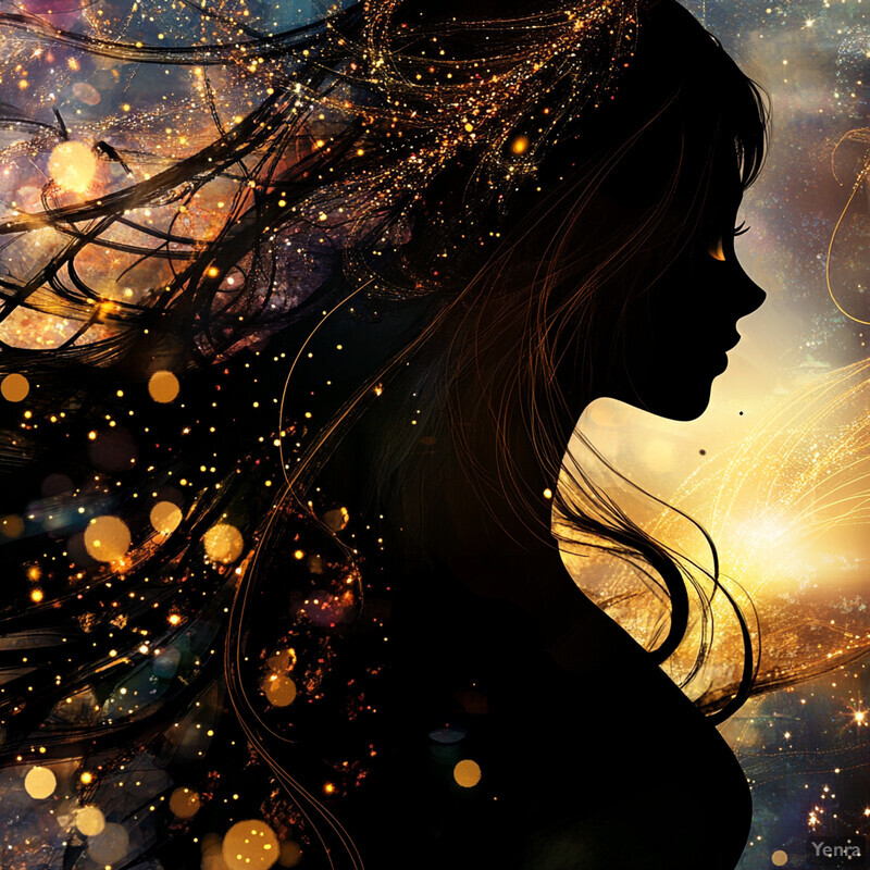 A woman's silhouette against a cosmic background, evoking an enchanting atmosphere.