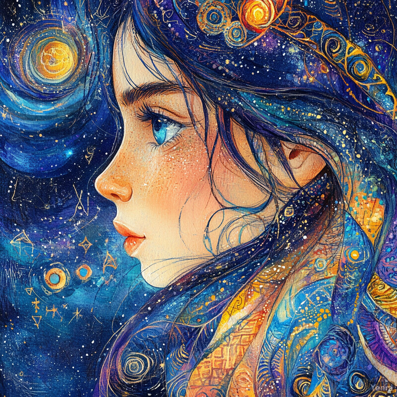 A serene woman surrounded by celestial bodies and symbols