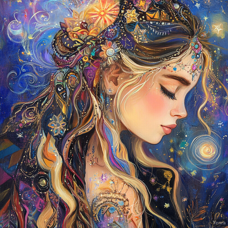 A serene woman with long blonde hair, surrounded by celestial elements, exudes a sense of calmness and inner peace.