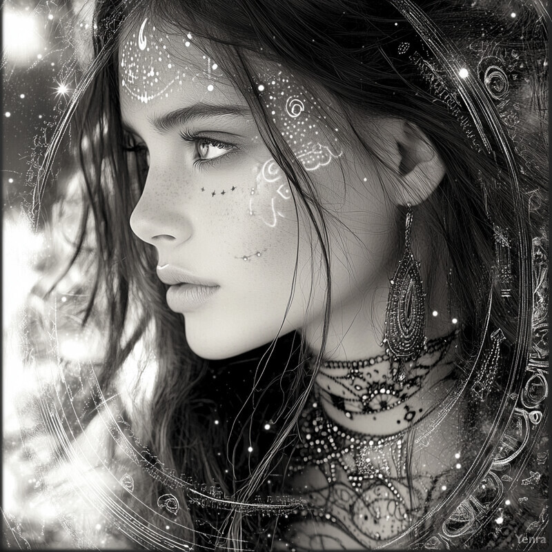 A mystical portrait of a woman surrounded by celestial elements and symbols