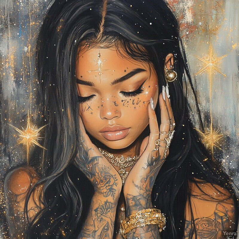 A woman with closed eyes and long black hair, surrounded by gold jewelry and stars, in a warm beige background.