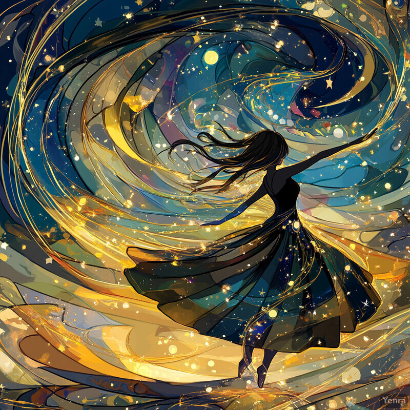 A woman dancing in space with a swirling galaxy-patterned dress.