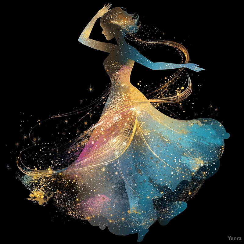 A woman in a flowing blue dress is surrounded by a swirling vortex of colors and lights.