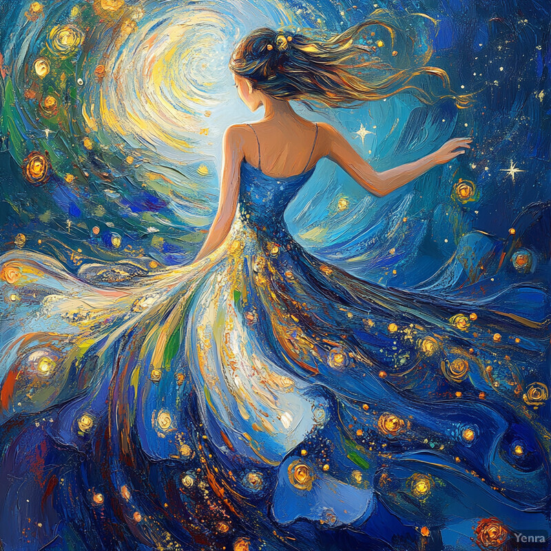 A woman dances in an abstract space filled with swirling shapes, wearing a blue dress with gold stars and swirls.